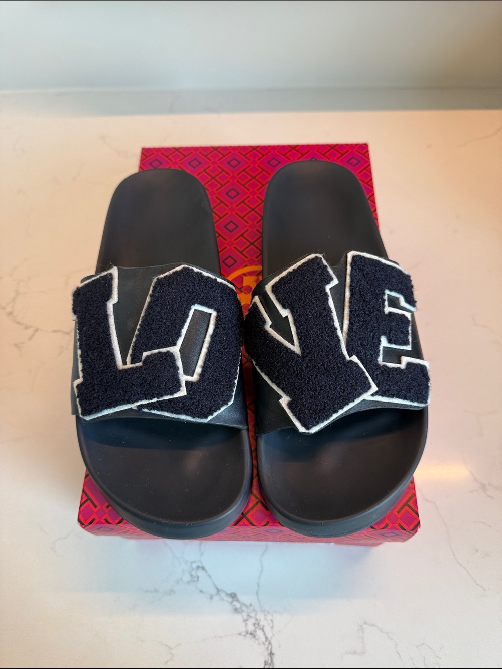 Tory Burch Black Slides with 'LOVE' Terry-Lettering Navy
